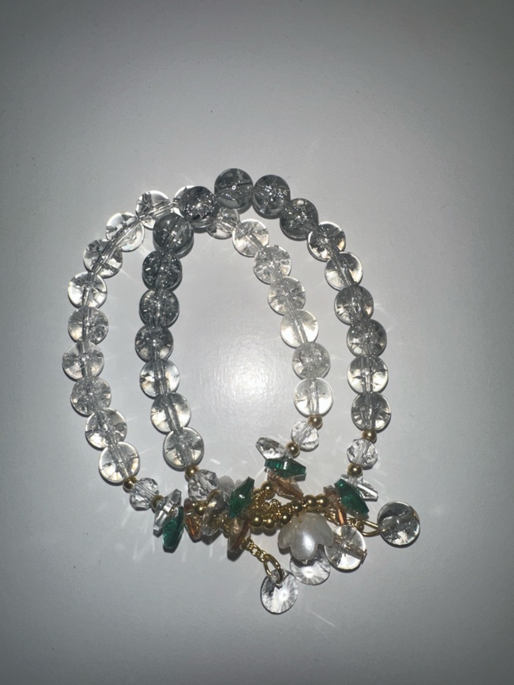 Clear Crystal Green Flower Accent Stretch Bracelet Charm Wristband Set of 2
